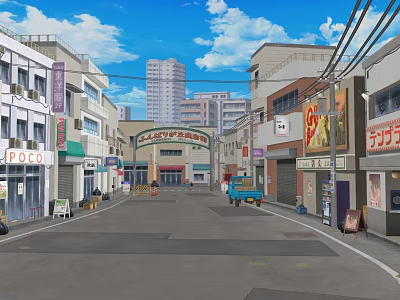 Colorful Cartoon Street Scene With Buildings Shops Blue Truck And High Rise Buildings 3d model