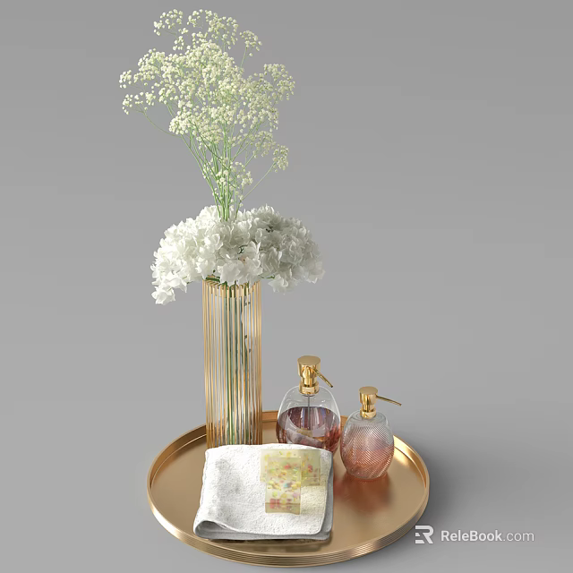 White Hydrangea and Baby's Breath in Golden Vase on Gold Tray with Decorative Bottles 3d model 