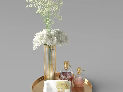 White Hydrangea and Baby's Breath in Golden Vase on Gold Tray with Decorative Bottles 3d model