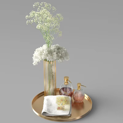 White Hydrangea and Baby's Breath in Golden Vase on Gold Tray with Decorative Bottles 3d model