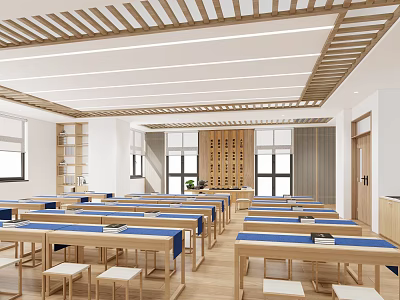 Bright School Classroom Interior With Wooden Desks Blue Tabletops Bookshelves And Windows 3d model