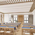 Bright School Classroom Interior With Wooden Desks Blue Tabletops Bookshelves And Windows