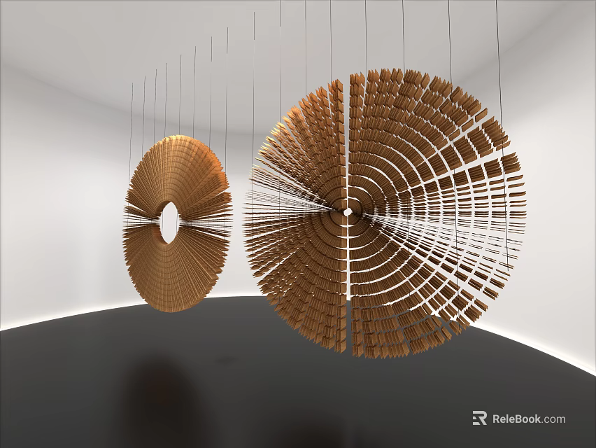 Wooden Circular Art Installation Hanging With Spiral Interconnected Pieces In Minimalist White Gallery Space 3d model 