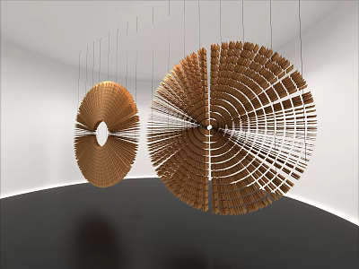 Wooden Circular Art Installation Hanging With Spiral Interconnected Pieces In Minimalist White Gallery Space 3d model