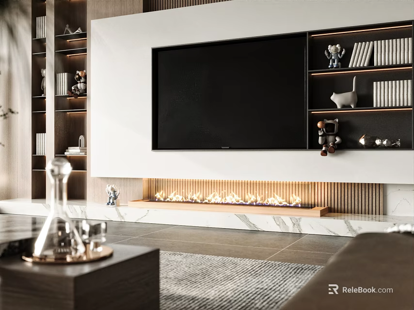 Modern Living Room With Built In Fireplace And TV Unit 3d model