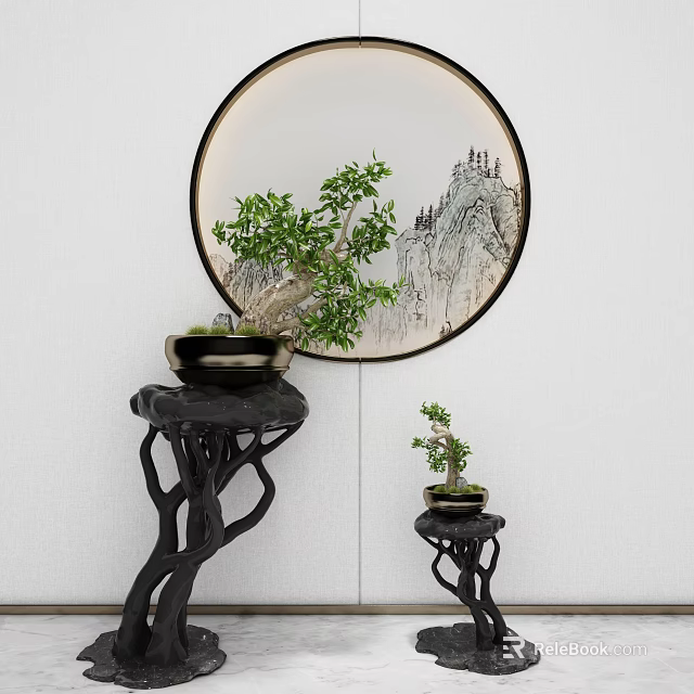 Chinese Style Black Plant Stands with Twig Like Design and Potted Plants Against Circular Art 3d model 