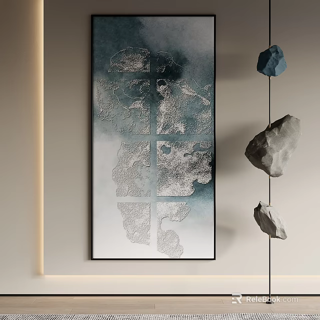 Minimalist Interior Wall With Large Abstract Painting And Hanging Stones 3d model 