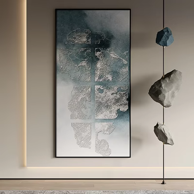 Minimalist Interior Wall With Large Abstract Painting And Hanging Stones 3d model