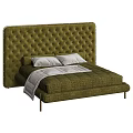 Double Bed with Green Tufted Upholstered Headboard Two Gray Pillows and Cozy Blanket