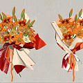 Decorative Ornament Set with Orange Lilies Roses Red White Wrapping Red Ribbon on White Background