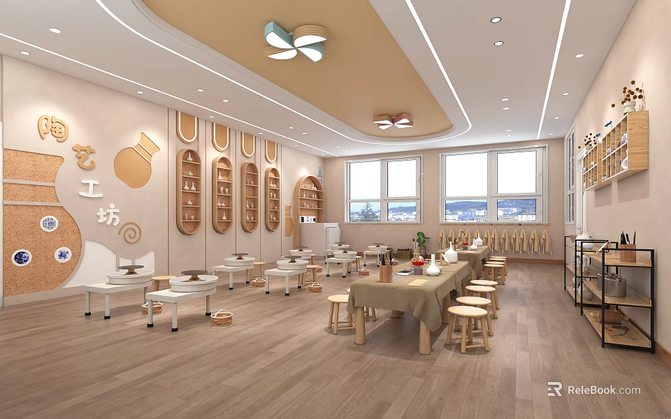Bright Kindergarten Classroom Interior With Tables Chairs Wall Decor And Natural Light 3d model 