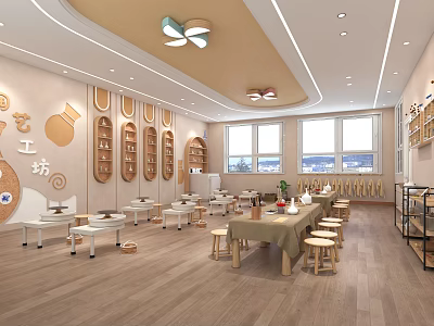 Bright Kindergarten Classroom Interior With Tables Chairs Wall Decor And Natural Light 3d model