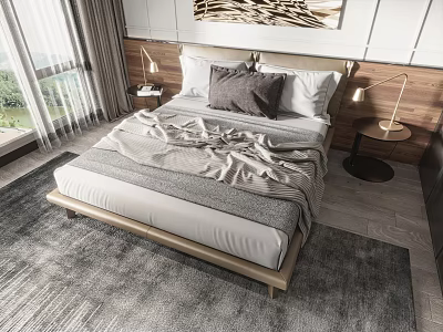 Modern Double Bed With Grey Blanket White Pillows Wooden Nightstands Lamps And Window Curtains 3d model