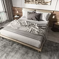 Modern Double Bed With Grey Blanket White Pillows Wooden Nightstands Lamps And Window Curtains