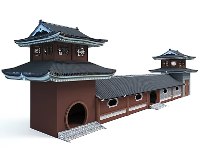 Ancient Architecture With Classic Roof Multi Layered Eaves Brown Walls Circular Doorways And Windows 3d model