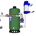 Industrial Equipment Featuring Green Cylindrical Tank Blue Component White Pipes Valves And Pressure Gauges