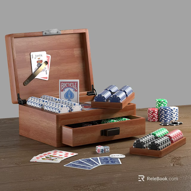 Wooden Board Game Equipment Set With Playing Cards Poker Chips Dice And Storage Case 3d model 