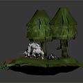 Game Character Battling Giant White Bloodstained Boar In Wooded Rocky Environment