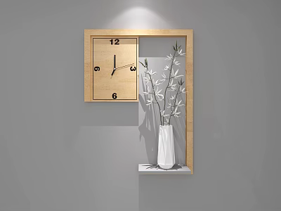 Wooden Frame Wall Clock Hanging On Gray Wall With White Vase And Flowers 3d model