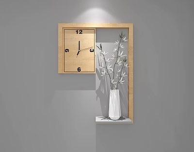 Wooden Frame Wall Clock Hanging On Gray Wall With White Vase And Flowers 3d model
