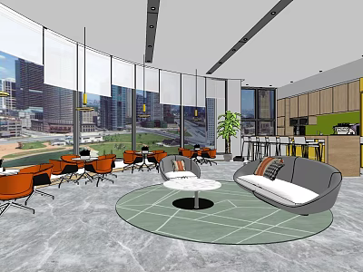 Modern Lounge Area With Large Windows City View Orange Chairs Round Tables Gray Sofa 3d model