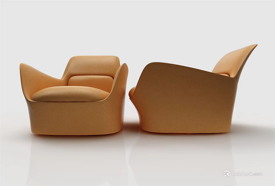 Two Modern Single Sofas with Tan Leather Upholstery in Minimalist Setting 3d model