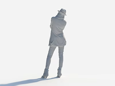 Back View Of Woman Wearing Hat Coat Pants High Heels On White Background With Shadow 3d model