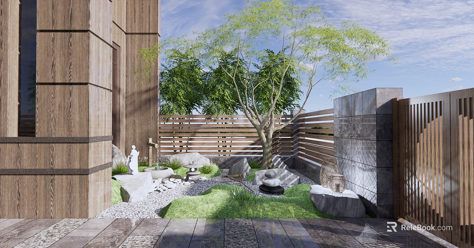 Modern Courtyard Garden Featuring Wooden Fence Trees Green Plants Small Pond Gravel Path And Stones 3d model 
