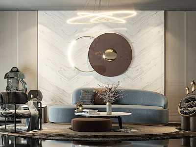 Elegant Modern Sofa And Coffee Table Set With Marble Wall Circular Art And Pendant Light 3d model