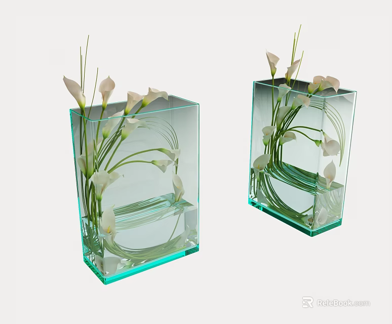 Transparent Square Glass Vases With White Calla Lily Flowers And Water For Decor 3d model 