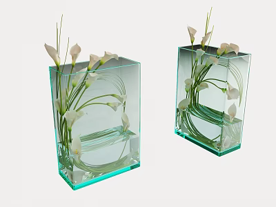 Transparent Square Glass Vases With White Calla Lily Flowers And Water For Decor 3d model
