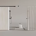 Modern Shower Head in White Shower Area With Louvered Partition and Toilet