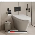 Modern Wall Mounted White Toilet In Bathroom With Trash Can And Toilet Paper Holder