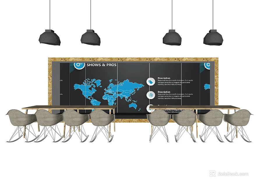 Conference Table With Chairs Pendant Lights And Display Board Featuring World Map Shorts In Focus 3d model 
