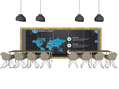 Conference Table With Chairs Pendant Lights And Display Board Featuring World Map Shorts In Focus 3d model