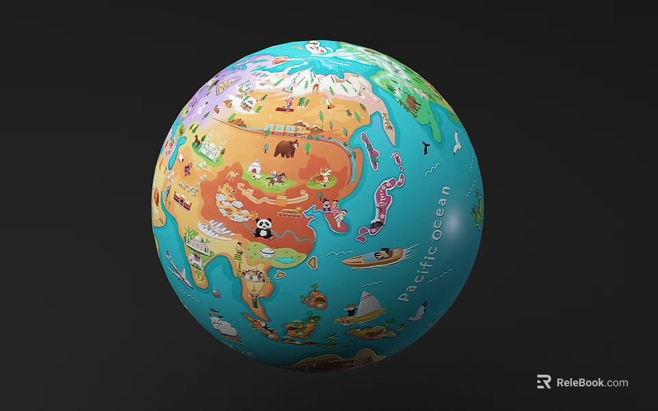 Decorative Globe Ornament Set with Colorful Animal Illustrations and Pacific Ocean Design 3d model 