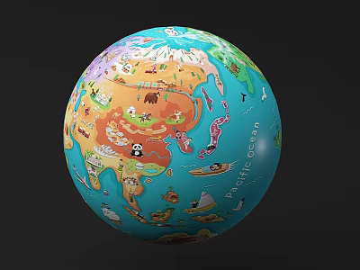 Decorative Globe Ornament Set with Colorful Animal Illustrations and Pacific Ocean Design 3d model