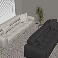 Sectional Sofas in Light and Dark Tones with Potted Plant and Patterned Rug 3d model
