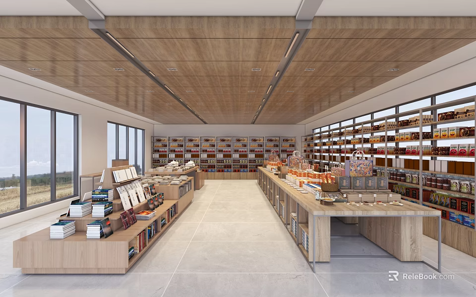Spacious Modern Shopping Mall Store Interior With Wooden Shelves And Product Displays 3d model 
