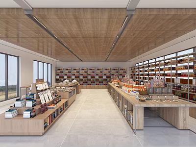 Spacious Modern Shopping Mall Store Interior With Wooden Shelves And Product Displays 3d model