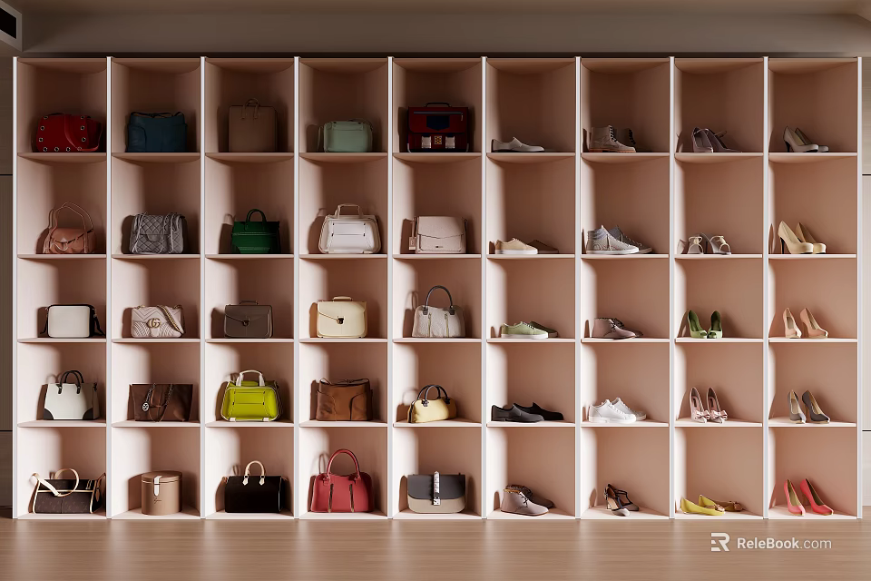 Stylish Shoes Displayed In Organized Closet With Bags 3d model 