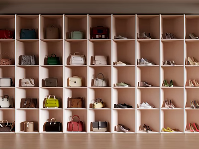 Stylish Shoes Displayed In Organized Closet With Bags 3d model