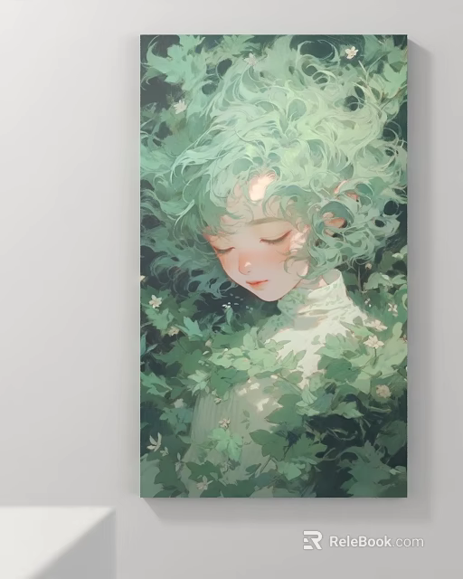 Portrait Painting Of Girl With Green Curly Hair Closed Eyes Green Leaves And White Flowers 3d model 