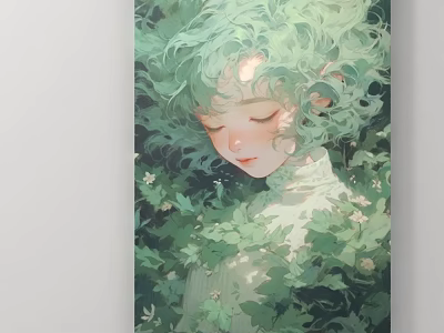 Portrait Painting Of Girl With Green Curly Hair Closed Eyes Green Leaves And White Flowers 3d model