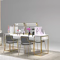 Elegant Golden Frame Display Shelves With Cosmetics Display Tables Mirrors And Advertising Posters