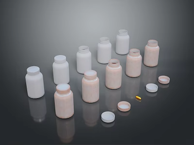 Household Items Collection Of White And Pink Bottles With Caps And A Yellow Pill 3d model