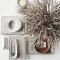 Decorative Ornament Set With Clear Glass Vase Dried Pampas Grass Books And Plates
