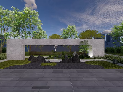 Modern Stone Scenic Wall With Green Trees Black Rocks Lawn And Paved Ground 3d model