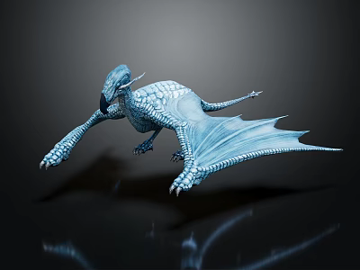 Blue Scaled Flying Dragon With Extended Wings In Flight Pose Against Dark Background With Reflection 3d model