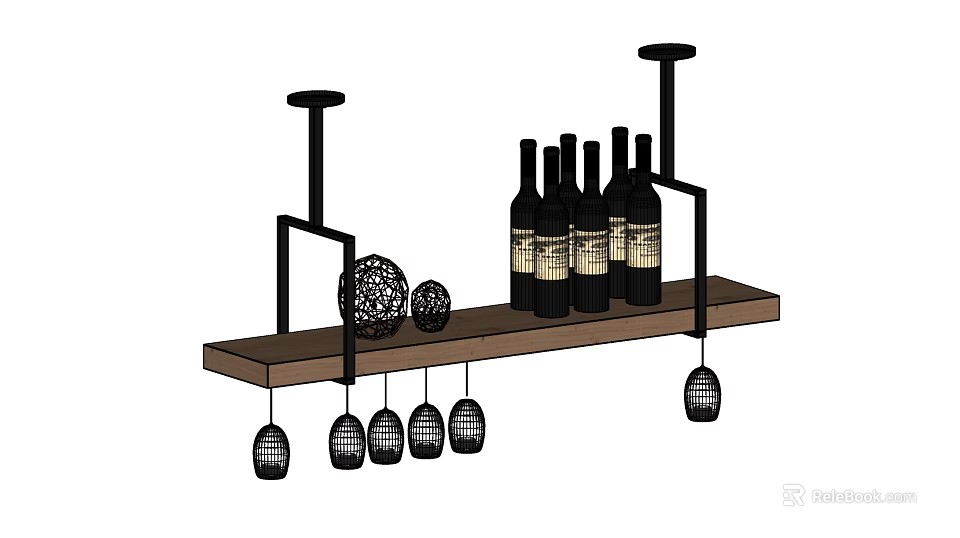 Elegant Wine Cabinet Featuring Wooden Shelf Hanging Wine Glasses Wine Bottles And Decorative Balls 3d model 
